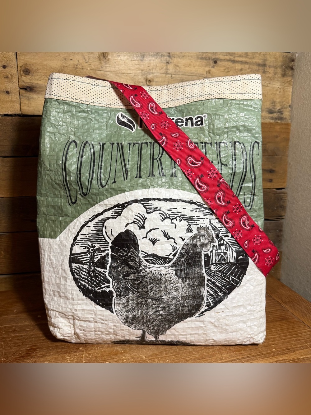 Up Cycled Feed Bag Grocery Tote Fabric Lined Made From Chicken Feed Bag